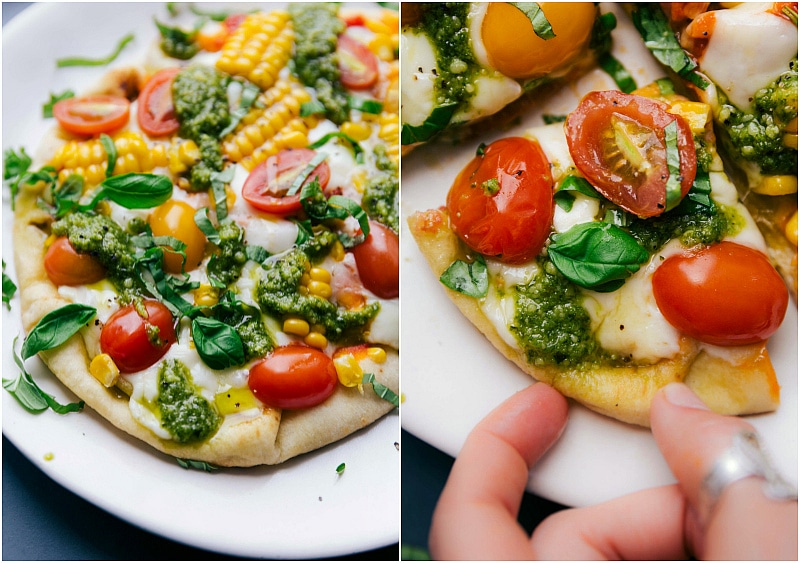 View of the finished pizza,and a picture of a hand selecting a slice of Pesto Pizza.