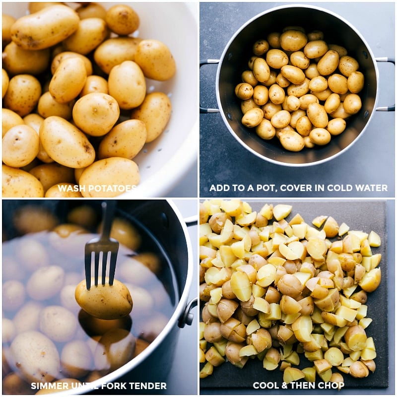 Process shots: View of washed Yukon gold potatoes; potatoes in a pot, covered with cold water; simmering the potatoes until fork tender; cooling the potatoes and then chopping them