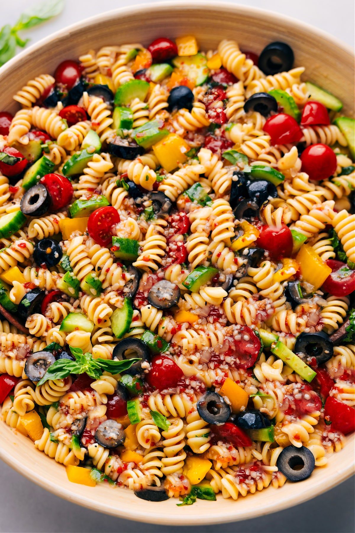 Pasta Salad in a bowl ready to be enjoyed.