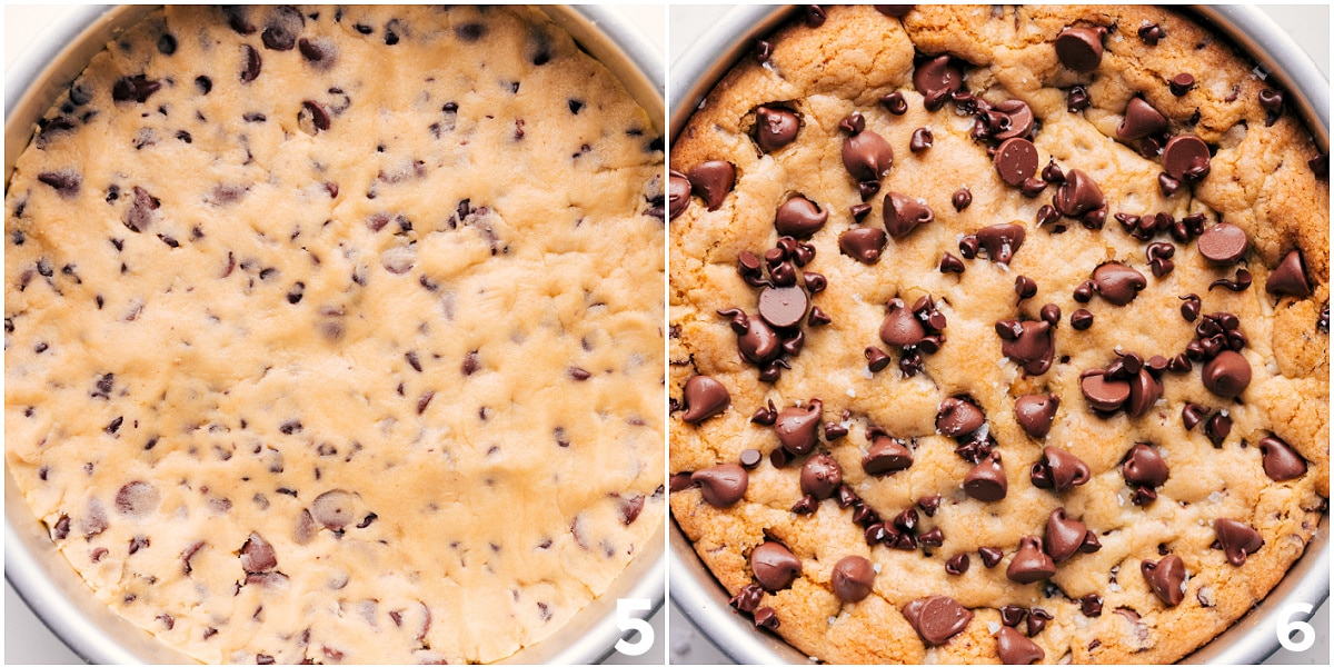 Baking The Pizookie To Perfection The dough pressed into the pan and then it baked to perfection with extra chocolate chips on top.