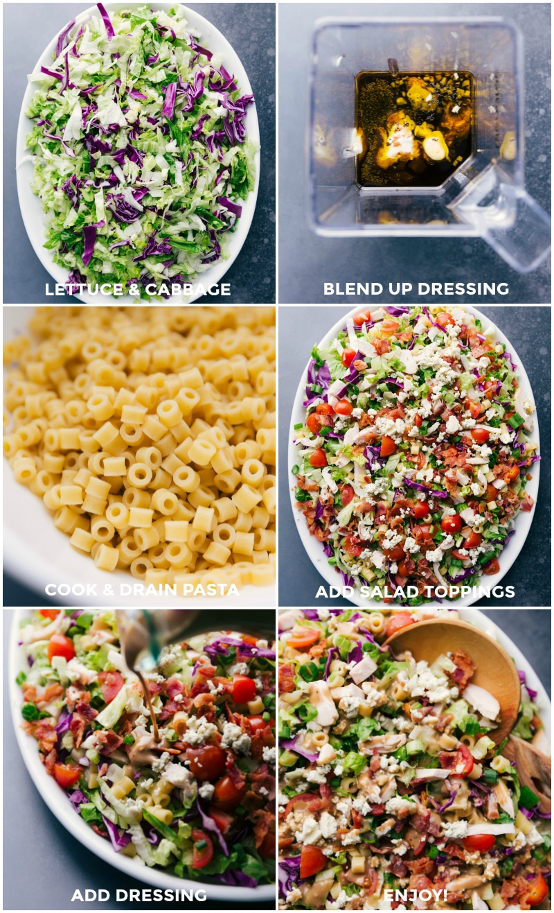 Prepping lettuce and cabbage, making dressing, cooking and draining pasta, adding toppings, and pouring dressing.