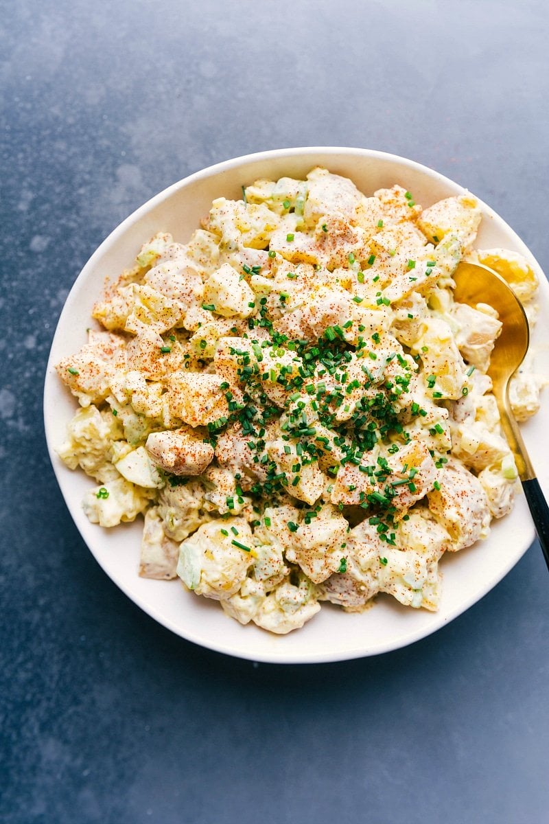 Overhead photo of fully dressed Potato Salad.