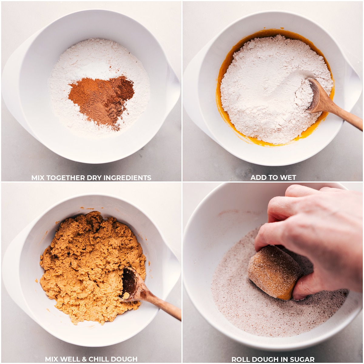 Mixing dry and wet ingredients to create the dough, then shaping into balls and rolling in sugar.