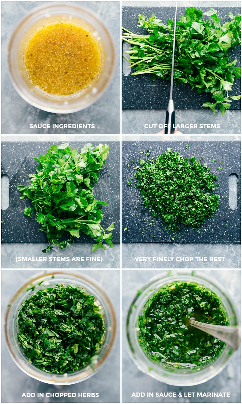 Process shots-- images of the sauce being made: showing all the greens being chopped and added to a jar.