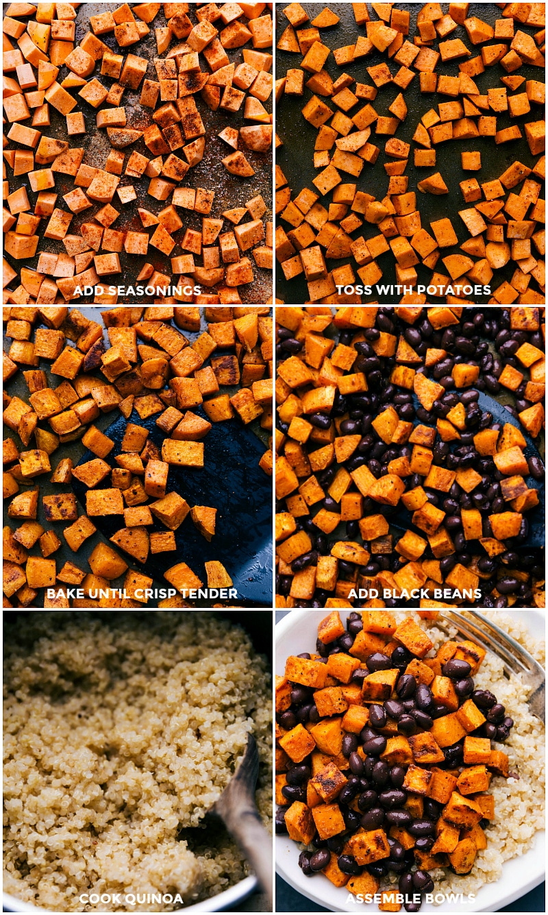 Seasonings sprinkled on sweet potatoes for roasting, black beans added, and quinoa cooking for the buddha bowl sweet potato recipe.