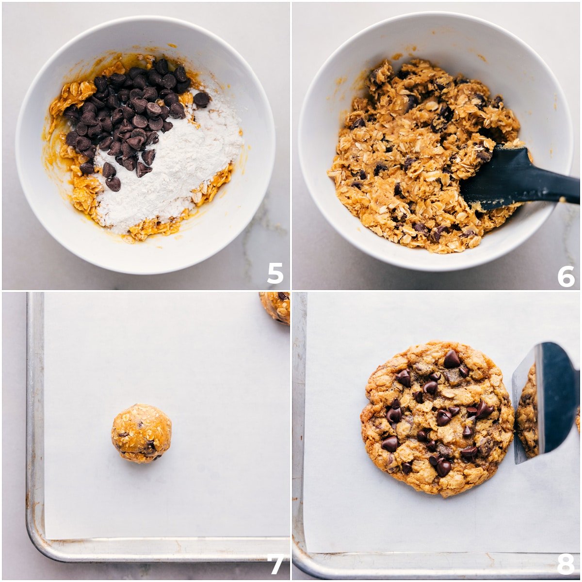 Chocolate chips and flour being added to the dough and it being rolled into balls and baked.