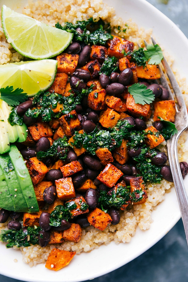 Up-close overhead image of nutritious Sweet Potato Buddah Bowl ready to be eaten.