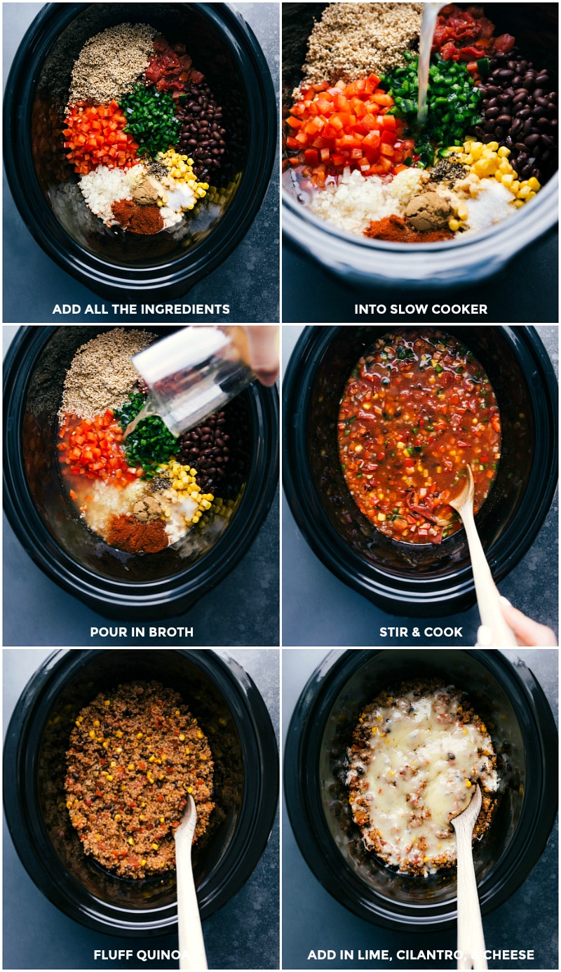 Process shots-- images of all the ingredients going into the crockpot and being cooked; adding fresh lime, cilantro, and cheese on top.