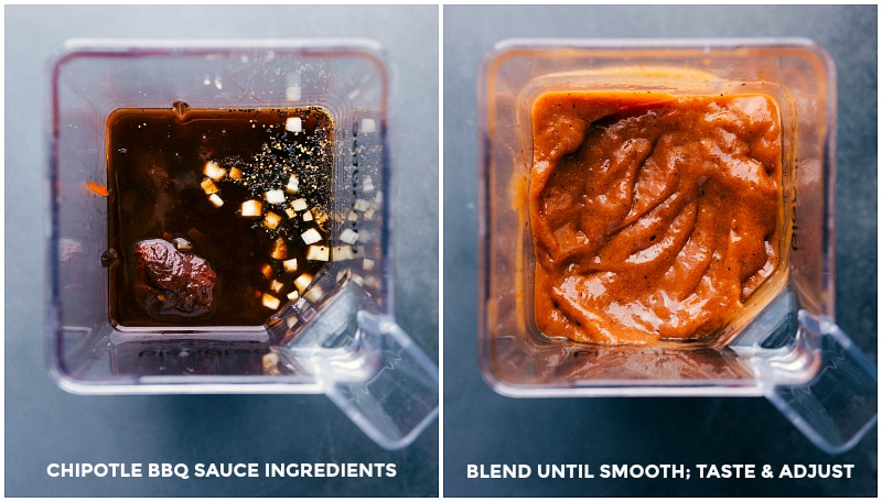 Making chipotle barbecue sauce by assembling ingredients in a blender jar and blending until smooth, with adjustments to taste if necessary.