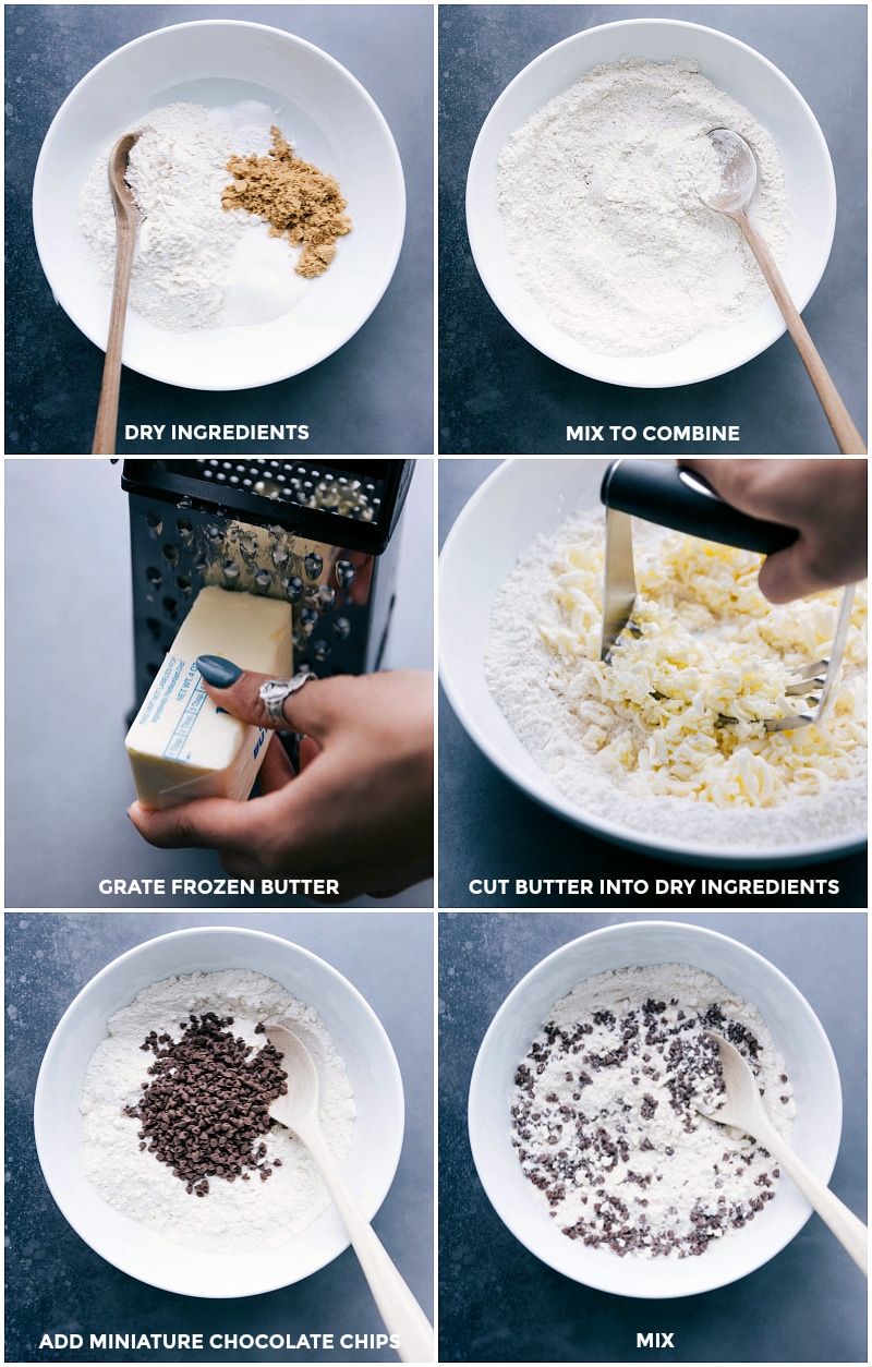 Assembling dry ingredients for the chocolate chip scone recipe, cutting in grated butter, and adding chocolate chips to the mix.