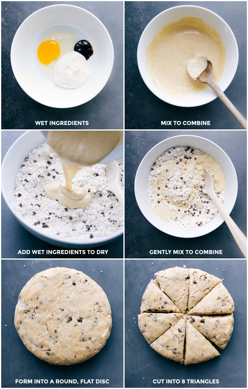 Pouring wet ingredients into dry mixture, shaping into round flat disc, and cutting into triangles.