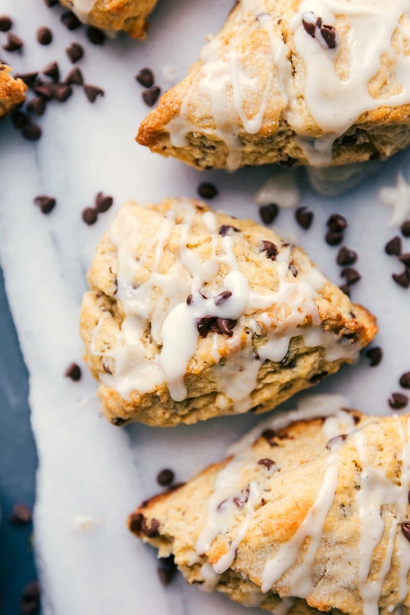 Overhead image of Chocolate Chip Scones with glaze on top.