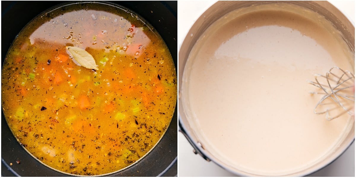 The broth being added and the soup and it all cooking together and the broth mixture being made in a separate pot.