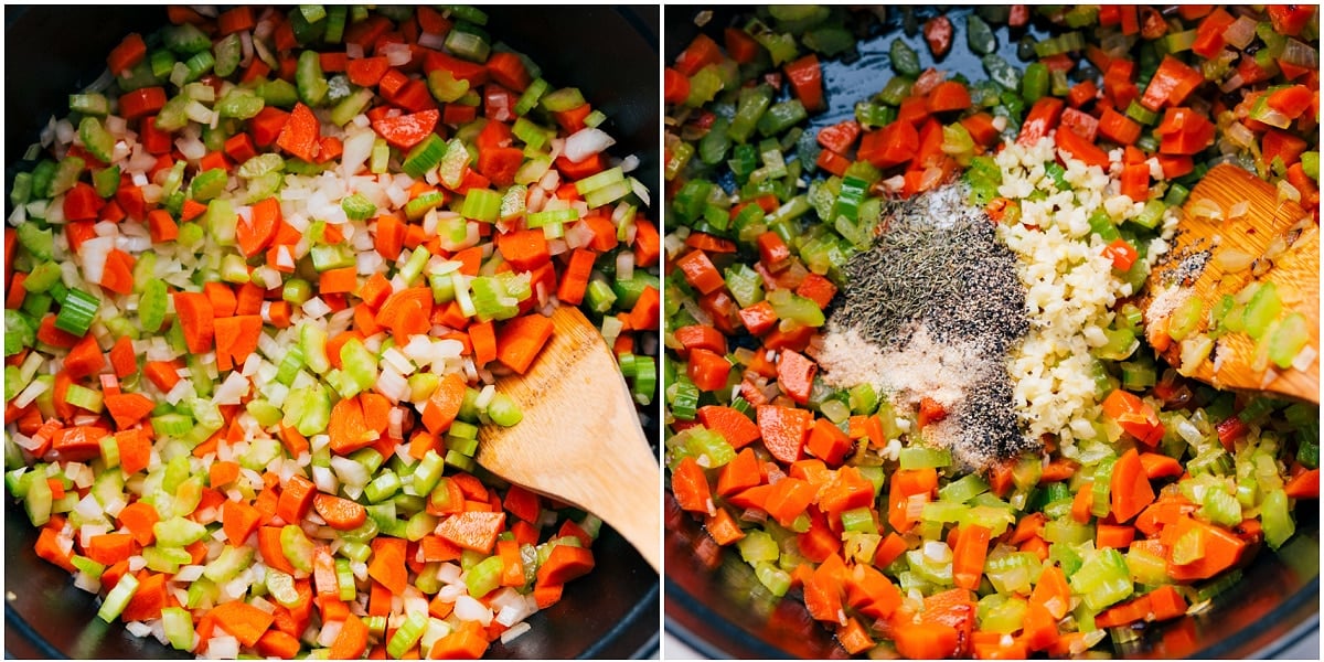 The mirepoix mixture saut&eacute;ing before the garlic and seasonings are added for this Creamy Chicken Tortellini Soup.