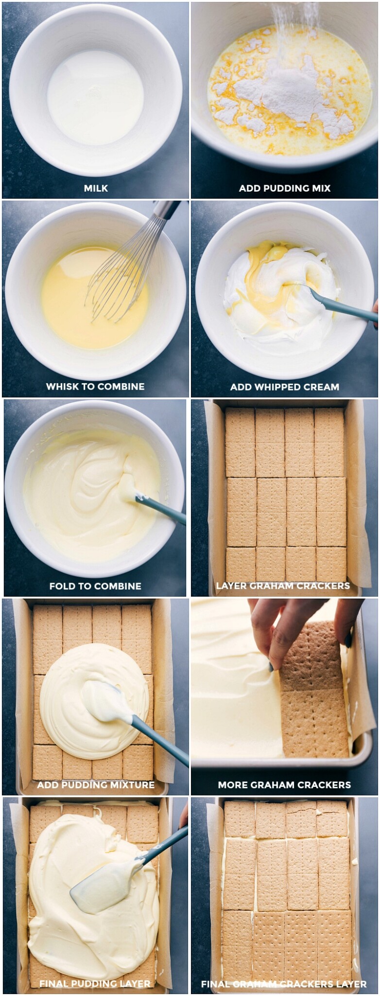 Process shots-- images of the pudding filling being made and layered between layers of graham crackers.