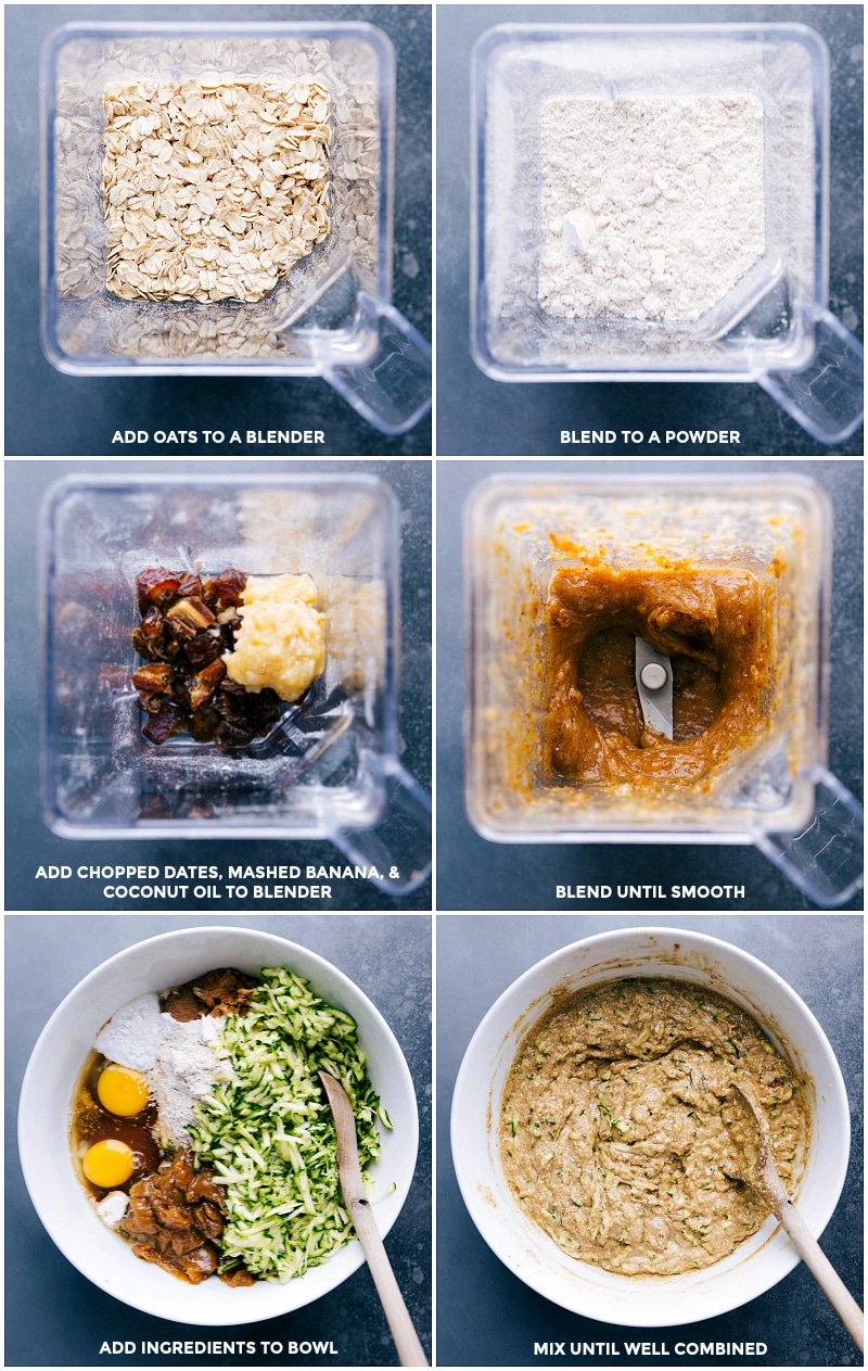 Adding oats to a blender, processing to a powder, adding dates, banana, and coconut oil, blending until smooth, transferring to a large bowl, and adding remaining ingredients, stirring until combined.