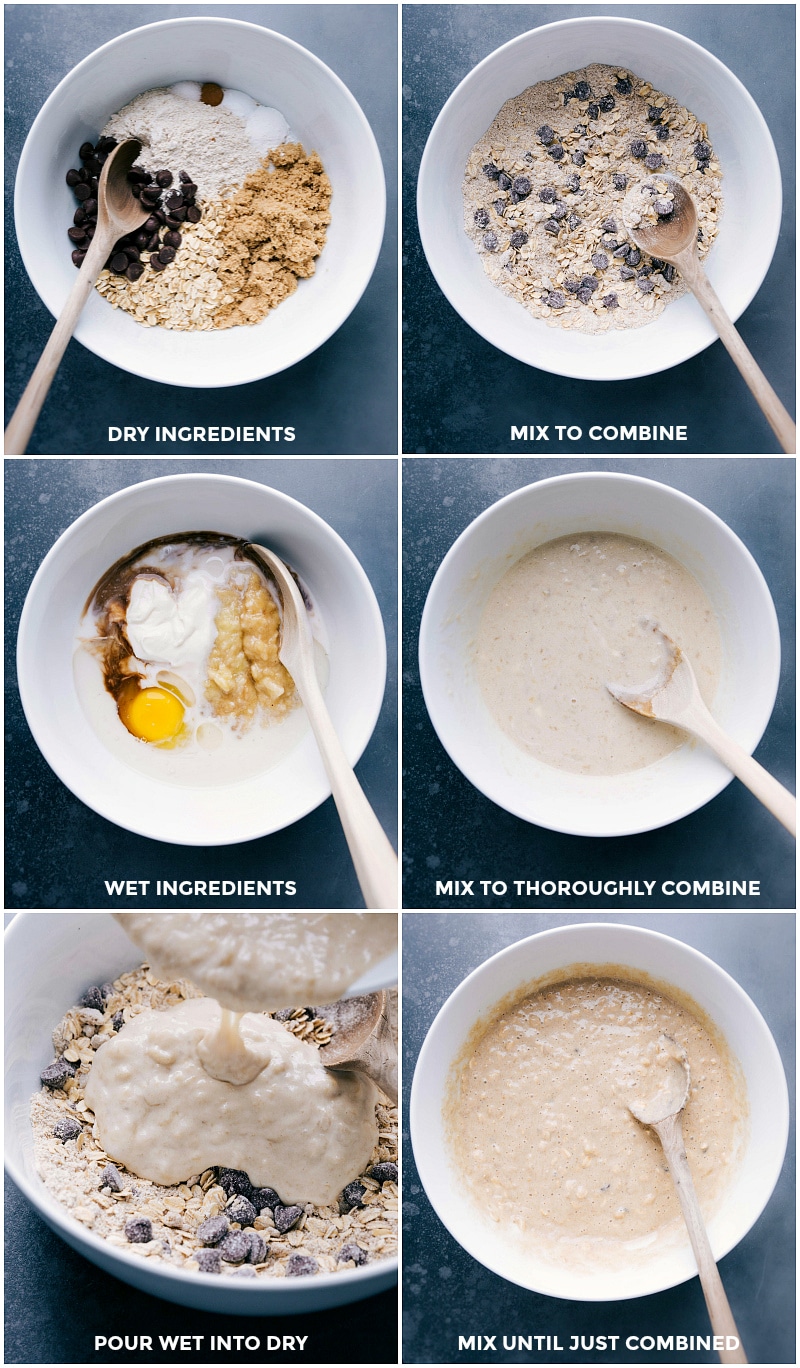 Combining and mixing dry and wet ingredients together for banana pancakes gluten free.