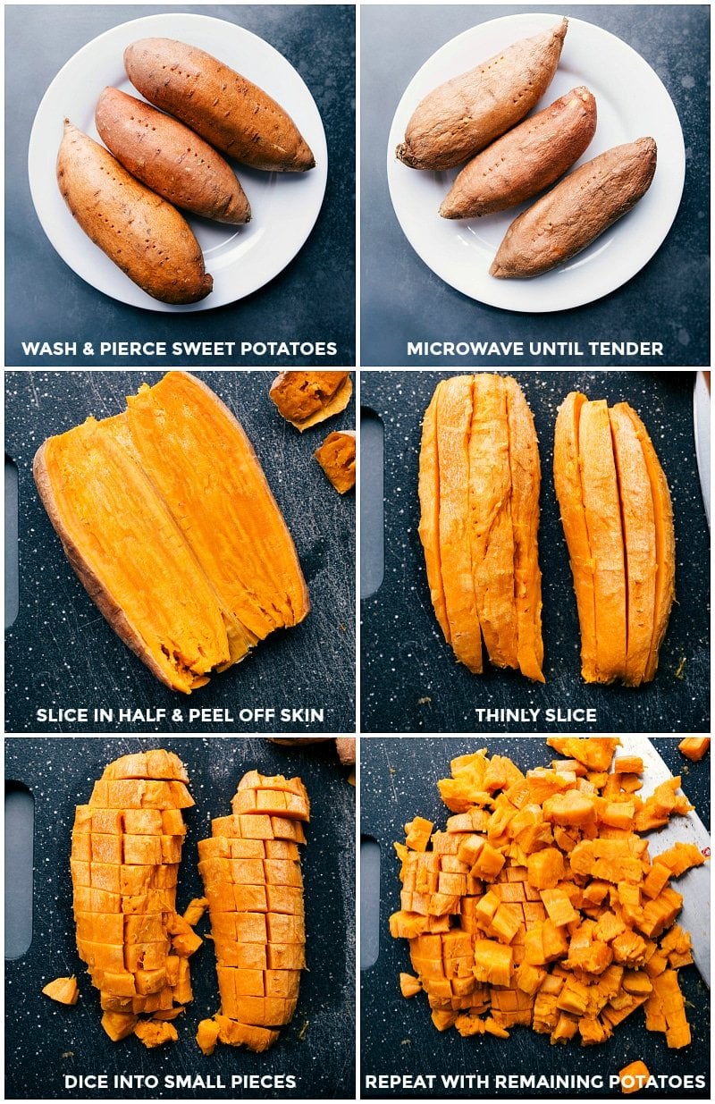 Preparing sweet potatoes: washing, piercing, microwaving until tender, slicing in half, peeling, thinly slicing, and finally dicing into small pieces.