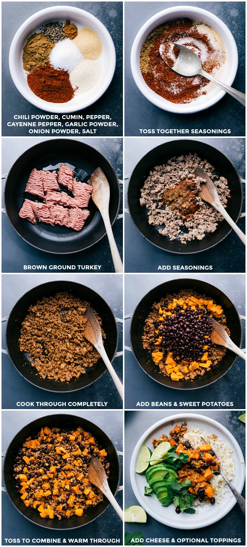 Process shots: combine the seasonings; mix seasonings together; brown the ground turkey; add in the seasonings; cook through completely; add beans and cooked sweet potatoes; combine and heat throughout; add cheese and optional toppings.