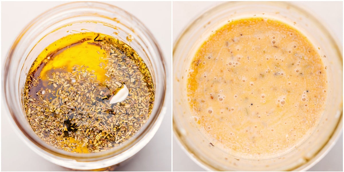 All the dressing ingredients combined in a mason jar for the Italian Pasta Salad recipe.