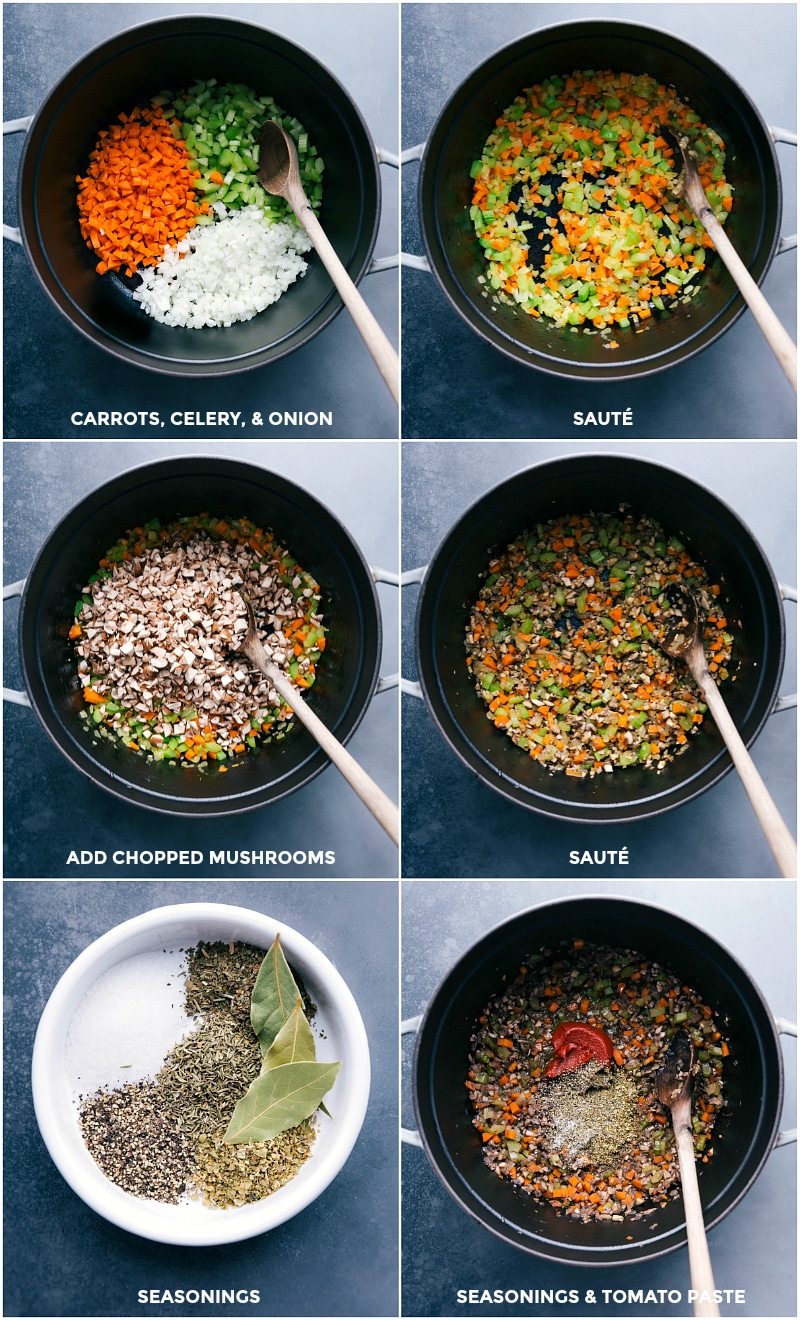 Process shots: placing carrots, celery and onion in a pan; sauteeing those veggies; adding chopped mushrooms; more sauteeing; combing seasonings in a bowl; adding seasonings and tomato paste to the pot.