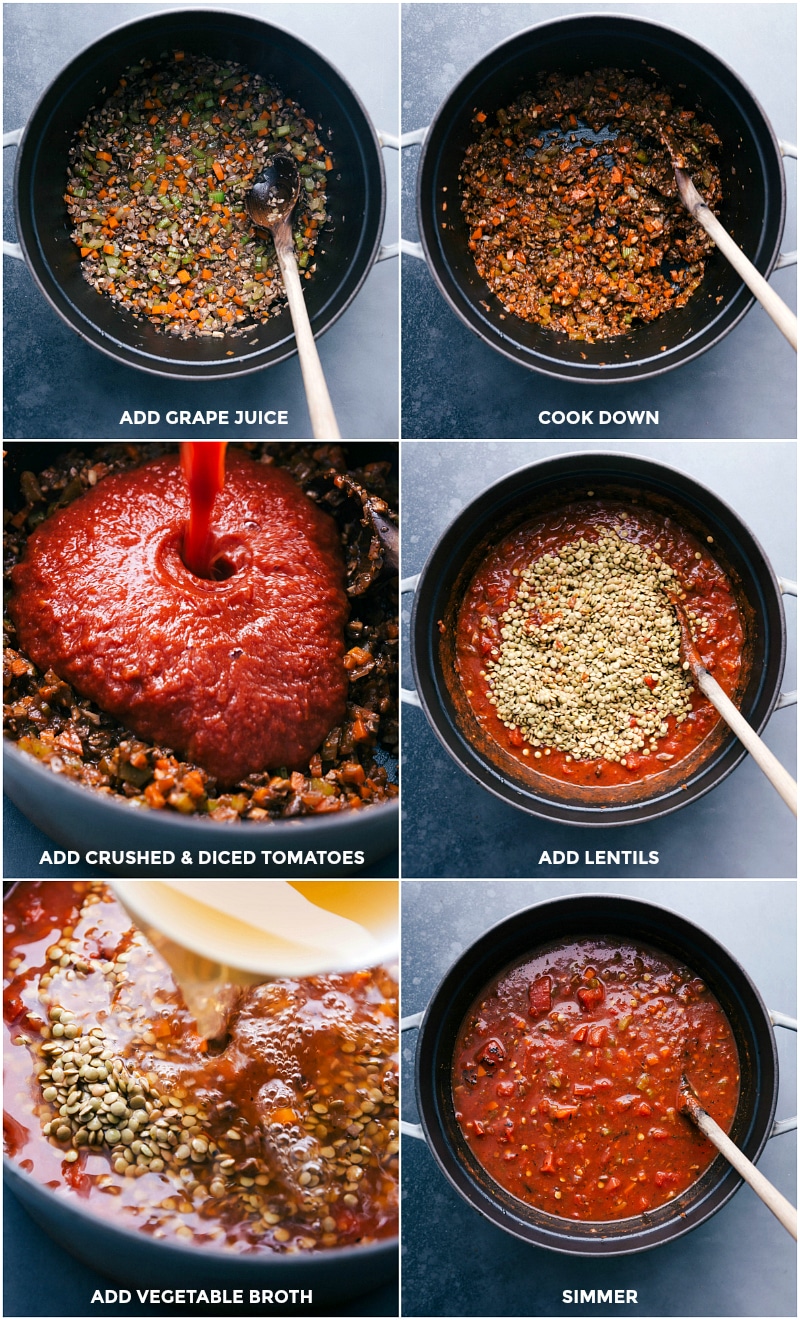 Process shot: completing the sauce by adding grape juice; cooking down the liquid; adding crushed and diced tomatoes; adding lentils; stirring in vegetable broth; and simmering 