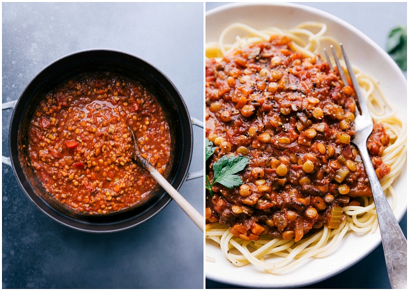 Overhead view of finished Lentil Bolognese sauce in the pot; sauce served over spaghetti.