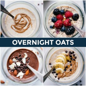 Four varieties of overnight oats recipes, each showcasing different flavors and toppings.