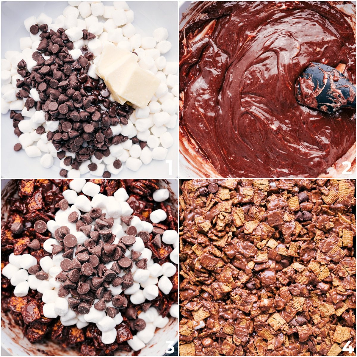 Melt marshmallows, chocolate, and butter together, then mix in the cereal, extra chocolate chips, and marshmallows. Spread the mixture into a pan to create these s'mores cereal bars.