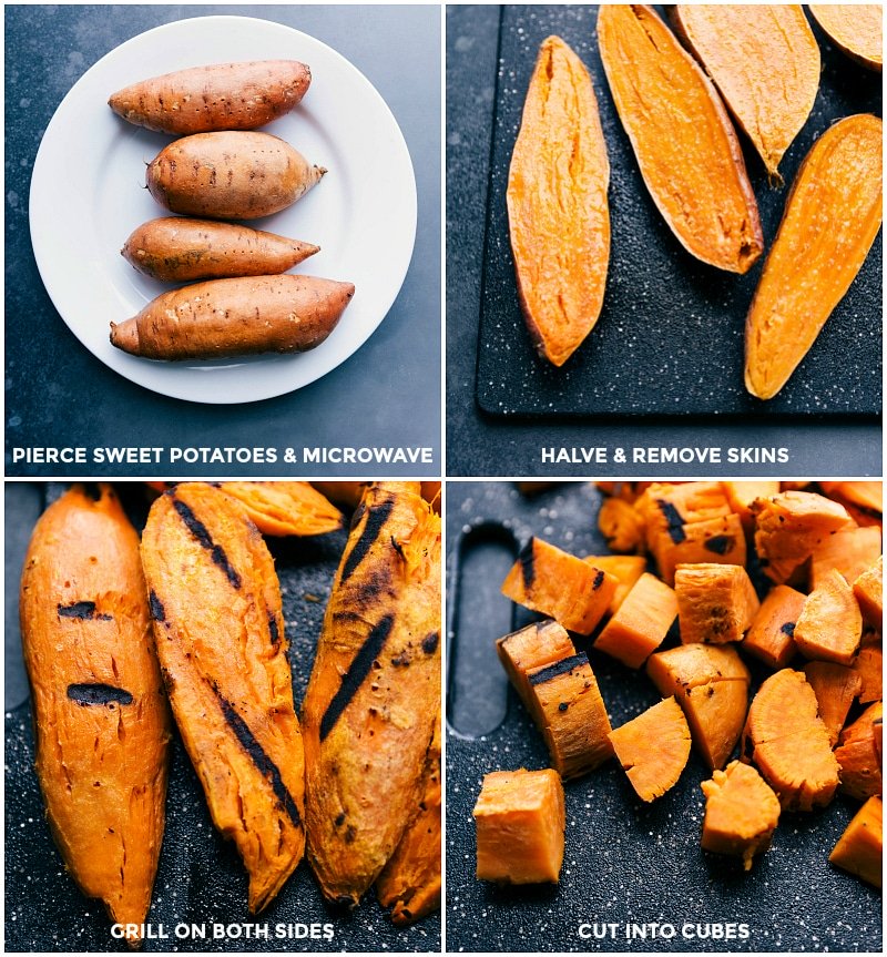 Process shots for preparing sweet potatoes: pierce and microwave the potatoes; halve and remove skins; grill on both sides; cut into cubes.