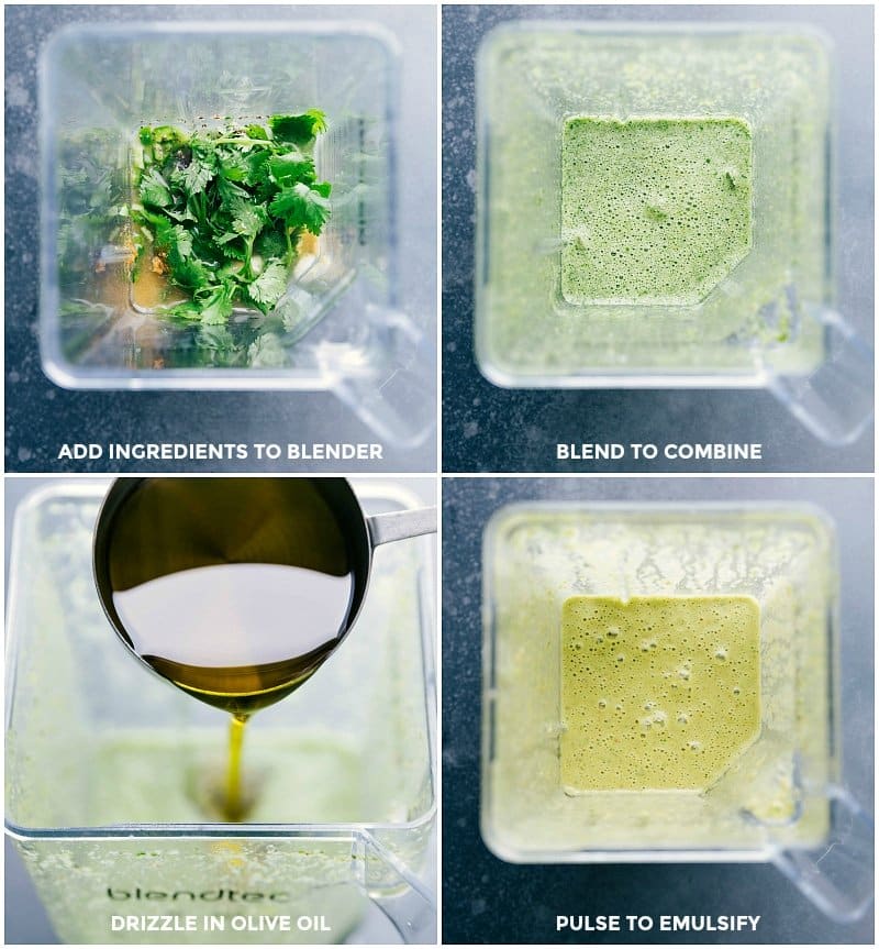 Process shots of making the cilantro-lime sauce: add ingredients to blender; blend to combine; drizzle in olive oil; pulse to emulsify.