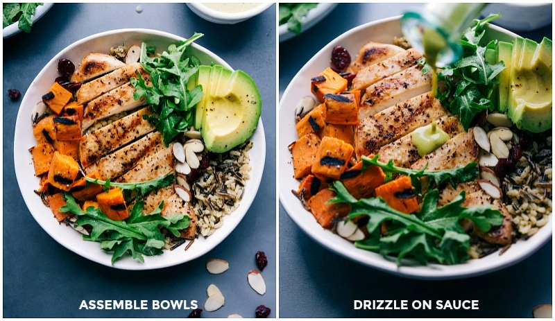 Assembling chicken and wild rice bowls, drizzling cilantro-lime sauce on top, and adding the chosen toppings.