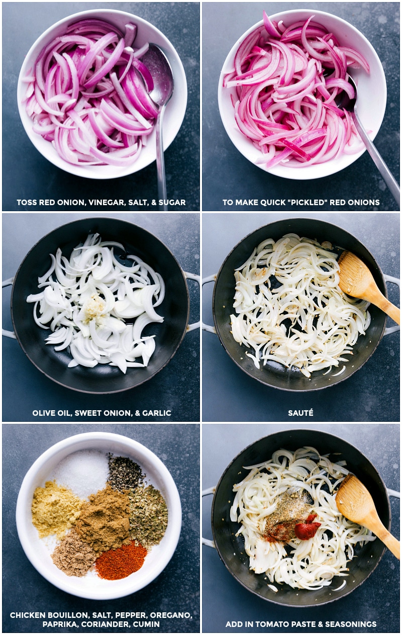 Pickling the red onions, sautéing onions and garlic, adding seasoning and tomato paste, and mixing everything together.