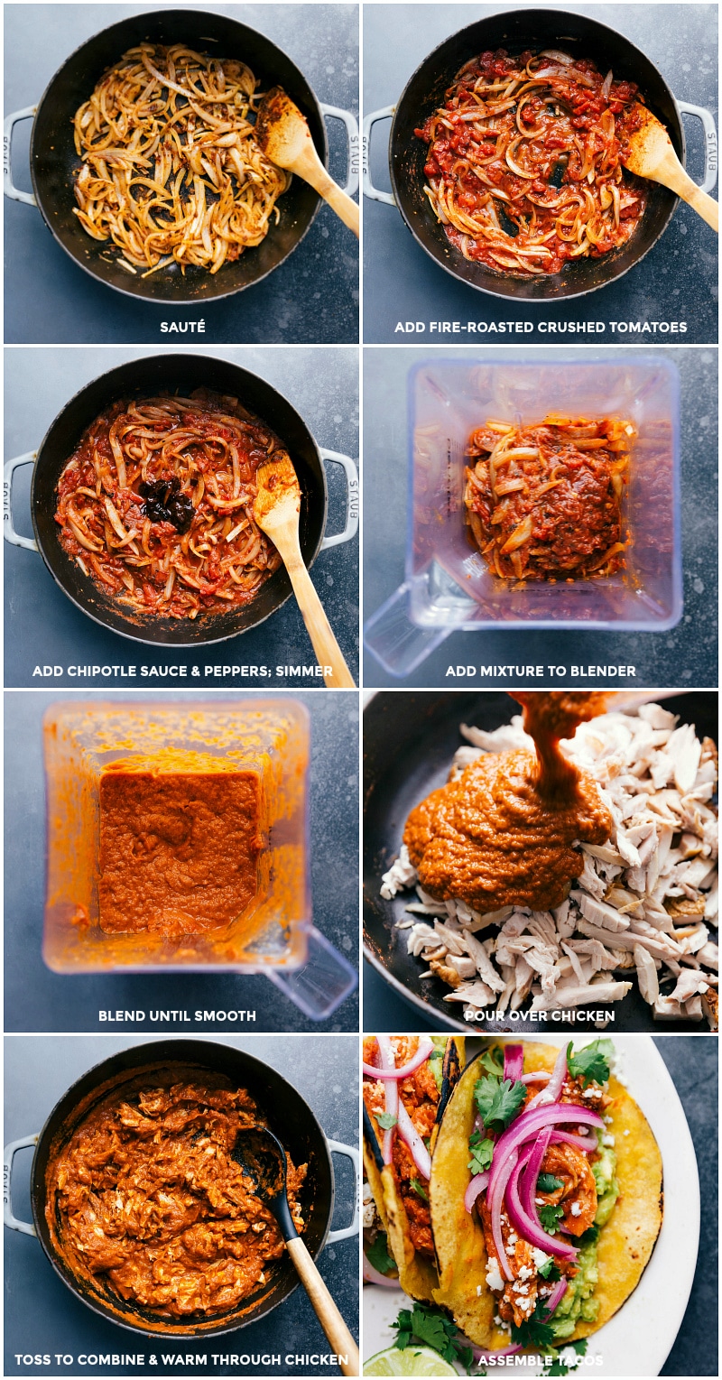 Process shots: adding roasted crushed tomatoes to the onions; then adding the onion and tomato mixture to the blender; blended and poured over the chicken; and being added to the tacos.