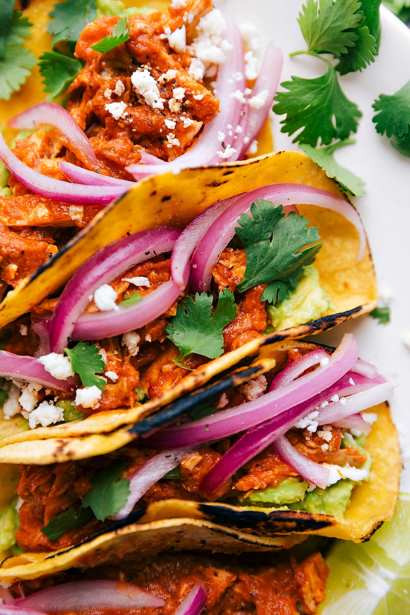 Overhead image of Chicken Tinga Tacos, stuffed with pickled red onions, guacamole, and cilantro.