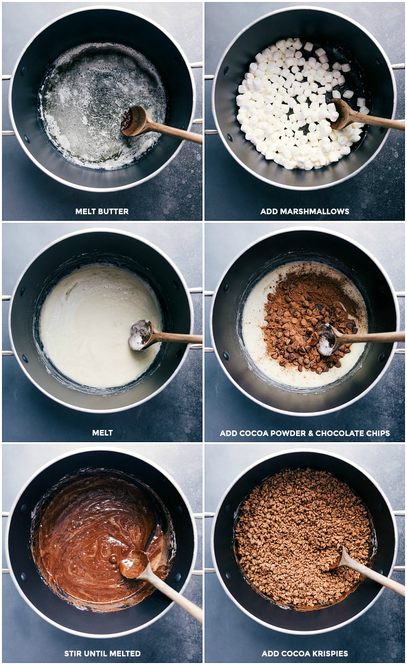 Process shots--images of the butter and marshmallows being melted; the cocoa powder and chocolate chips being added and melted; and the Cocoa Krispies being added and mixed together.