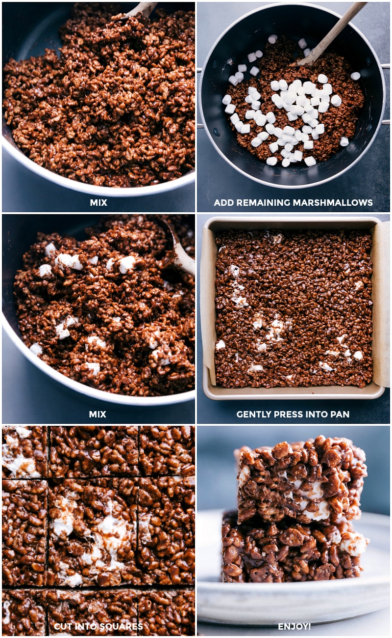 Process shots-- images of the remaining marshmallows being added; the mixture being added to a prepared pan and pressed; and then the bars being cut into squares.