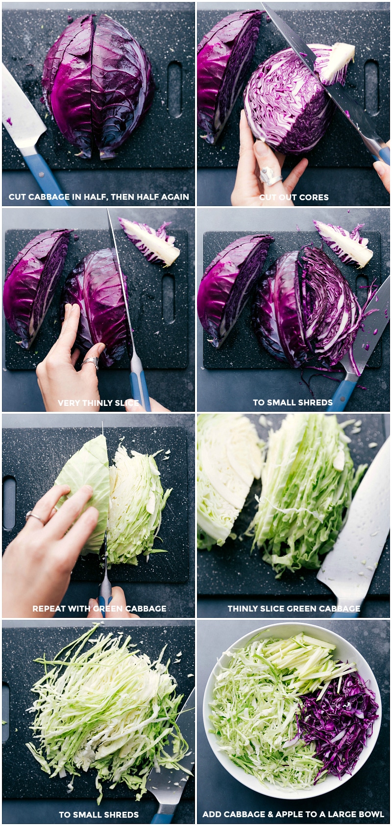 Red and green cabbage being quartered and thinly sliced for a recipe, with the addition of matchstick apple slices.