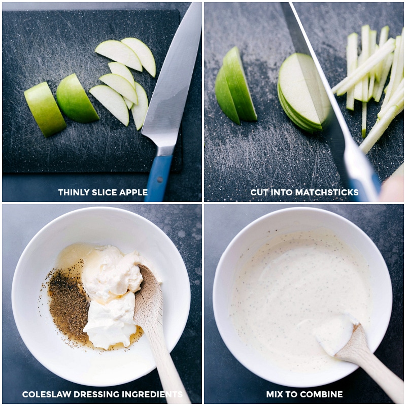 Apples being thinly sliced and cut into matchsticks, dressing being prepared, and ingredients mixed together for the coleslaw recipe.