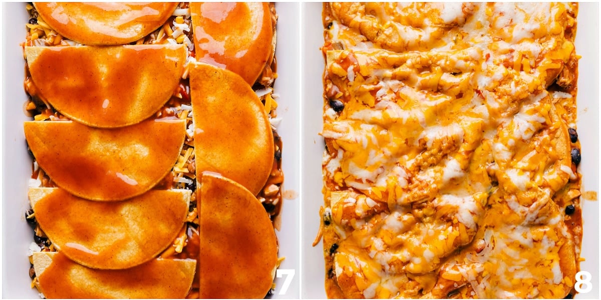 The Ultimate Casserole Dinner: Chicken Enchilada Casserole The final layer of the chicken enchilada casserole being layered into the casserole dish and it being baked.