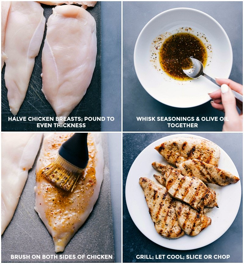 Process shots of grilling chicken: halve chicken breasts and pound to even thickness; whisk together seasonins and olive oil; brush olive oil blend onto both sides of the chicken; grill, cool and slice.