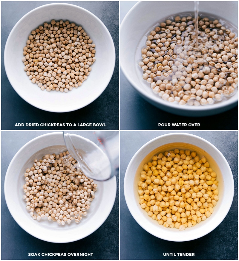 Process shots of the chickpeas being prepped and soaking overnight before being used.