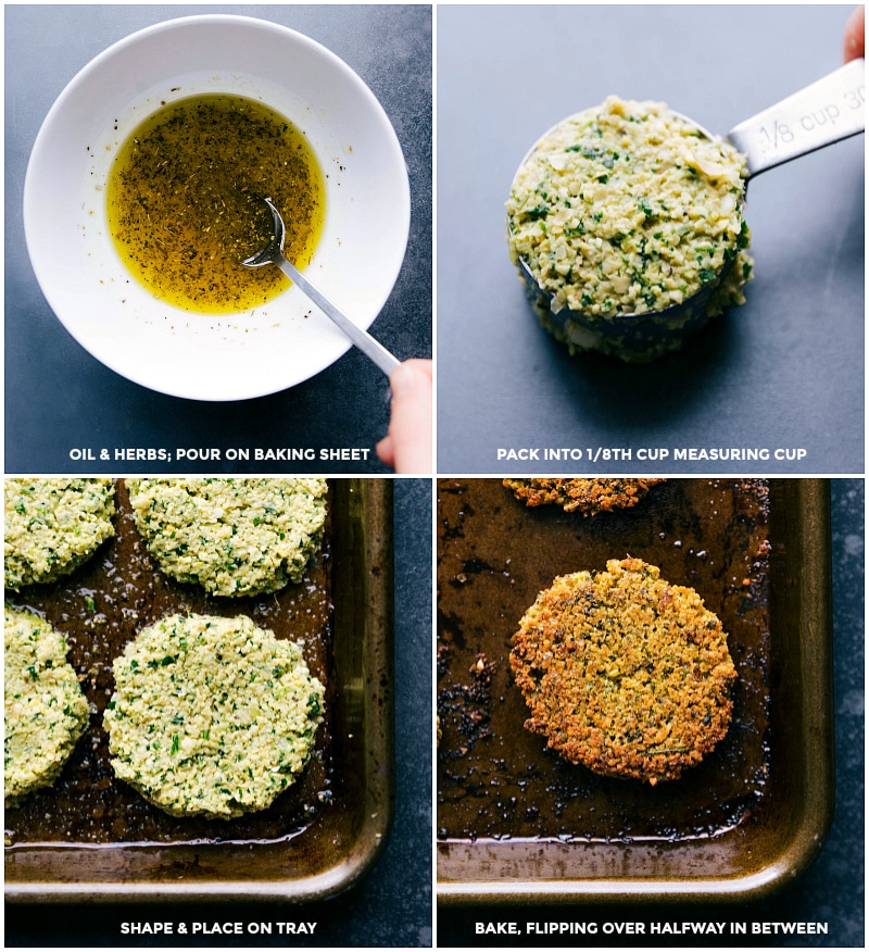 Herbed oil for dipping the dish before baking, then the mixture in a measuring cup for consistent sizing, and them being placed on a tray for baking.