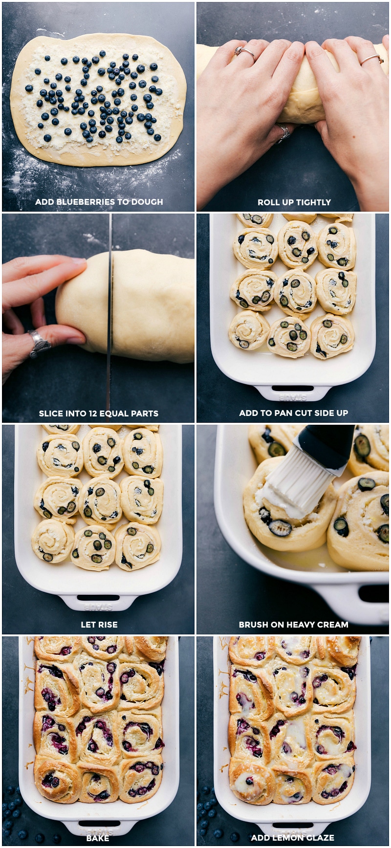 Process shots-- images of the blueberries being added on top of the sugar layer, the dough being rolled together, and it being cut into dough rolls and put in a pan and then heavy cream being added on top. Images of the lemon blueberry sweet rolls being baked and the glaze being added on top