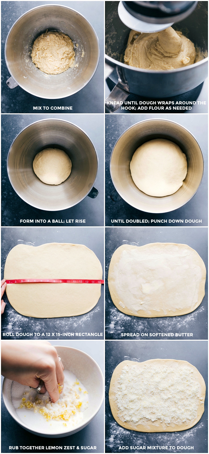 Process shots-- images of he dough being mixed together, rising, and being rolled out, and the sugar being spread over