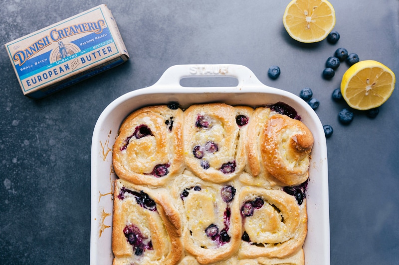 Freshly baked blueberry sweet rolls with lemon, just out of the oven.