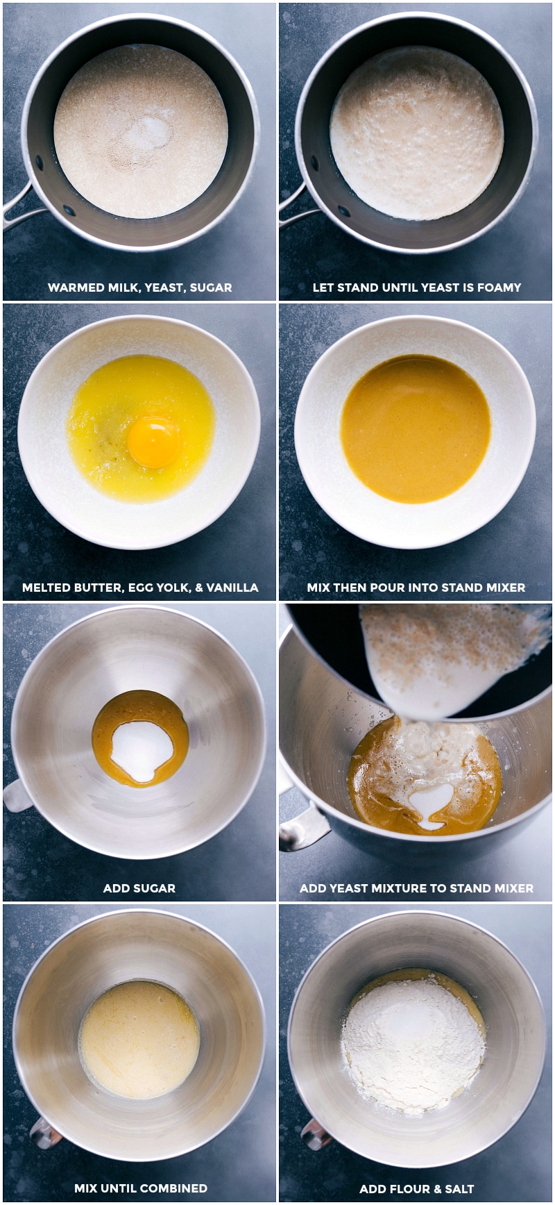 Process shots-- images of the milk, yeast, and sugar being mixed together in a pot over heat, then being added to the stand mixer, eggs, butter, and vanilla being added and it being mixed to combine. Then flour and salt being added
