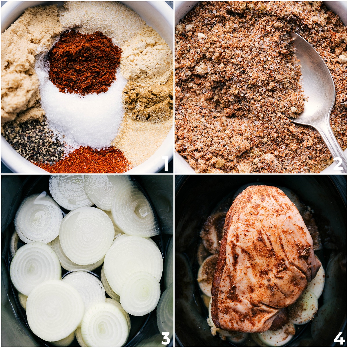 Spice mix, onions, and pork added to crockpot to slow cook.