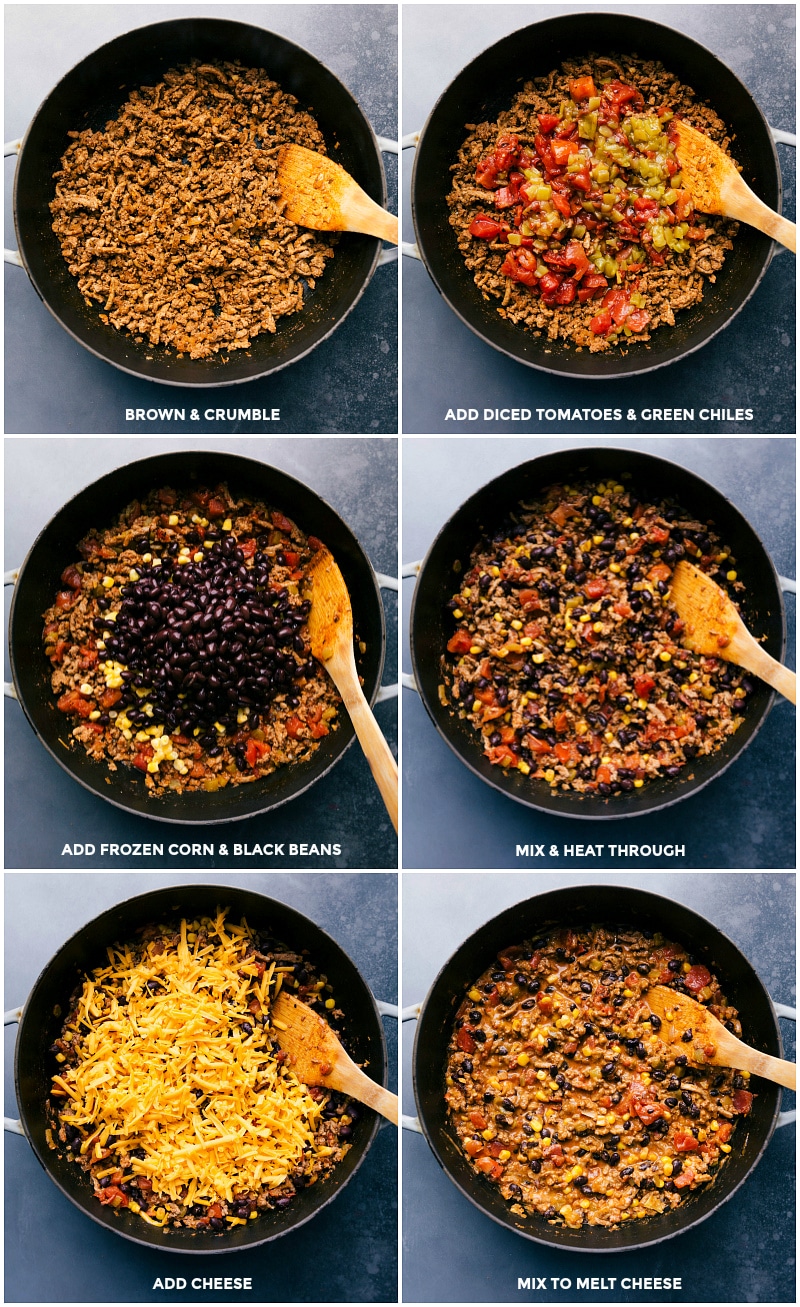 Browning and crumbling ground turkey, adding diced tomatoes and green chiles, adding frozen corn and black beans, mixing and heating through, adding cheddar cheese, and mixing to melt cheese for the ground turkey taco skillet.