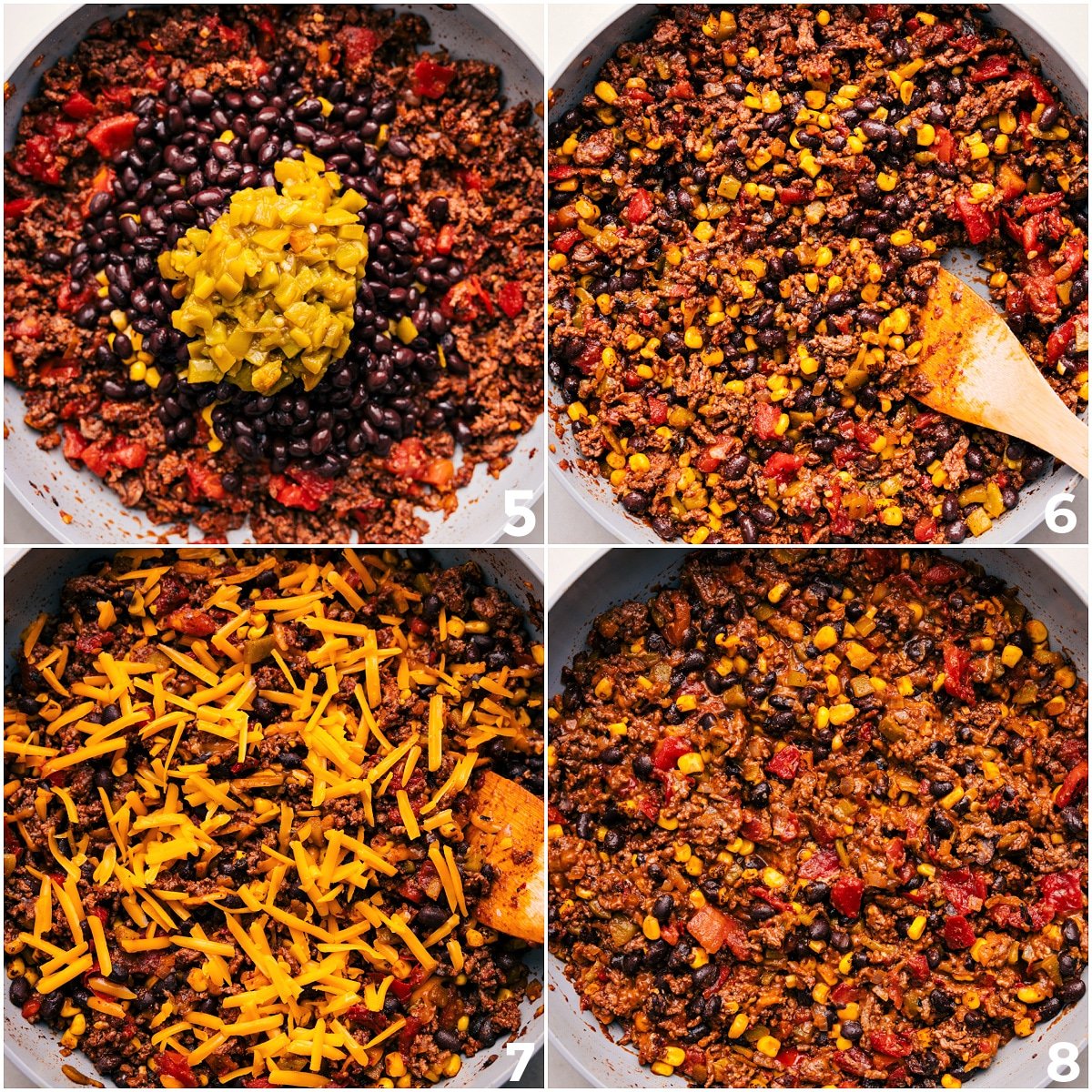 Add beans, corn, and peppers to the pot, then mix in the cheese.